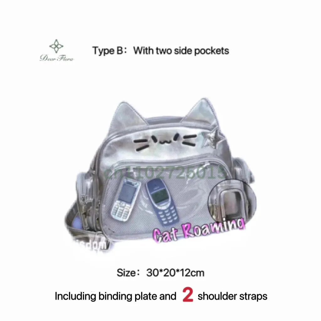 🌟 Adorable Y2K Cat Ita Bag 🐾 Cute PU Crossbody with Transparent Pocket! 👜 Perfect for Girls! 🌈