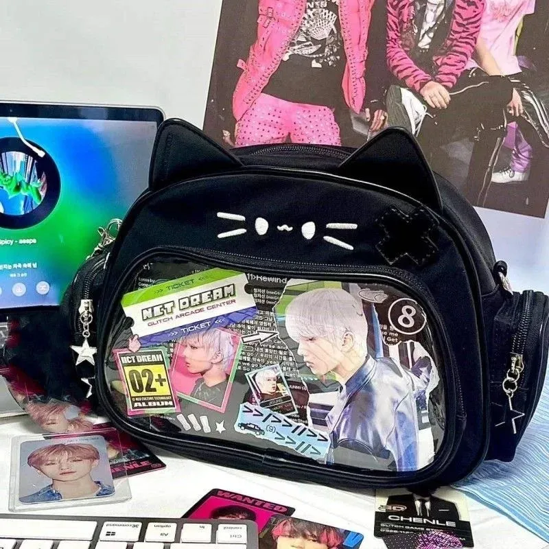 🌟 Adorable Y2K Cat Ita Bag 🐾 Cute PU Crossbody with Transparent Pocket! 👜 Perfect for Girls! 🌈