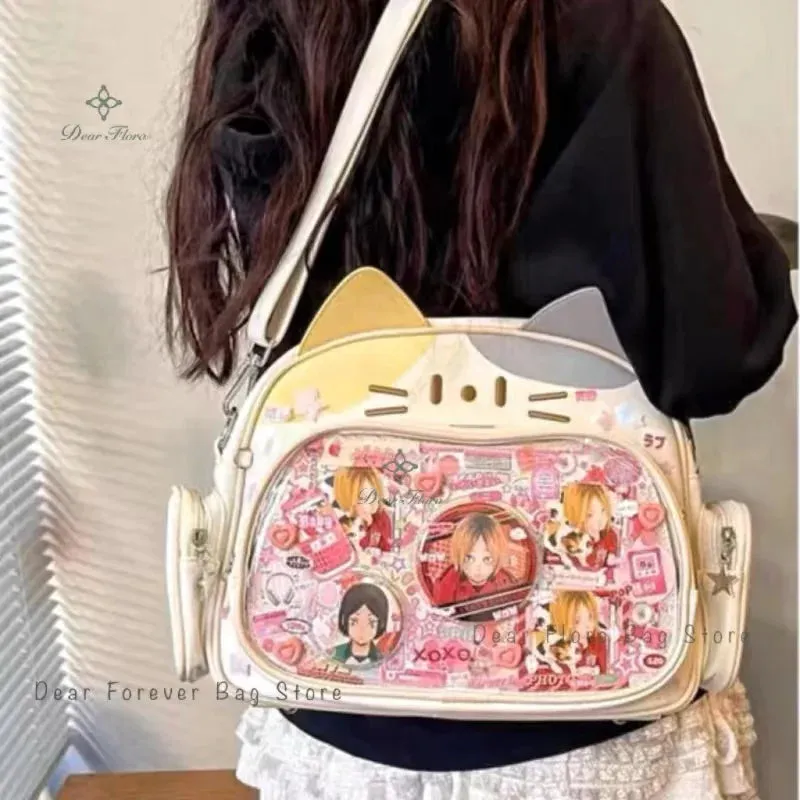 🌟 Adorable Y2K Cat Ita Bag 🐾 Cute PU Crossbody with Transparent Pocket! 👜 Perfect for Girls! 🌈