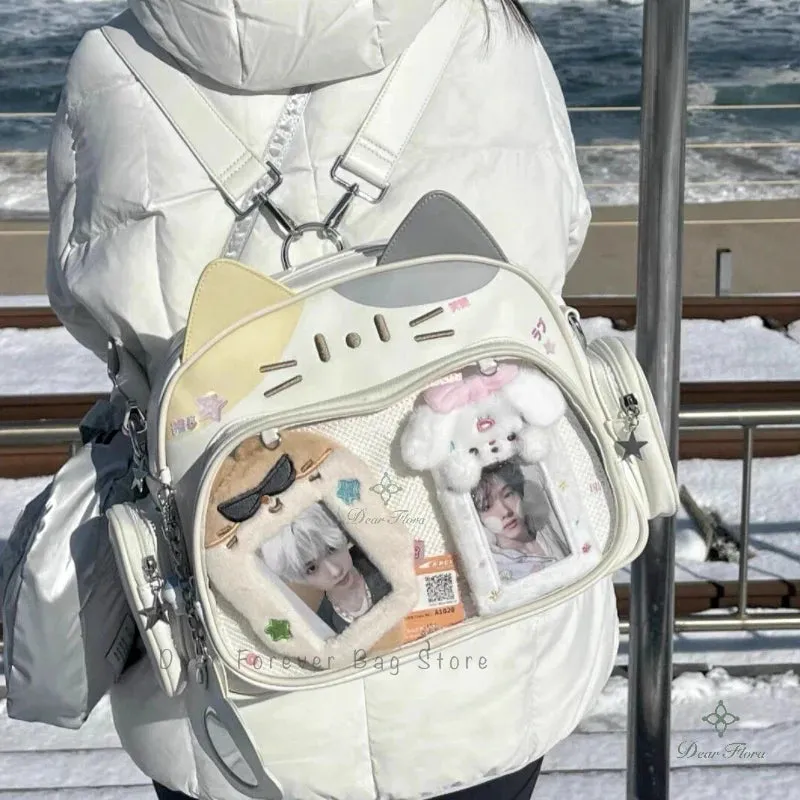 🌟 Adorable Y2K Cat Ita Bag 🐾 Cute PU Crossbody with Transparent Pocket! 👜 Perfect for Girls! 🌈