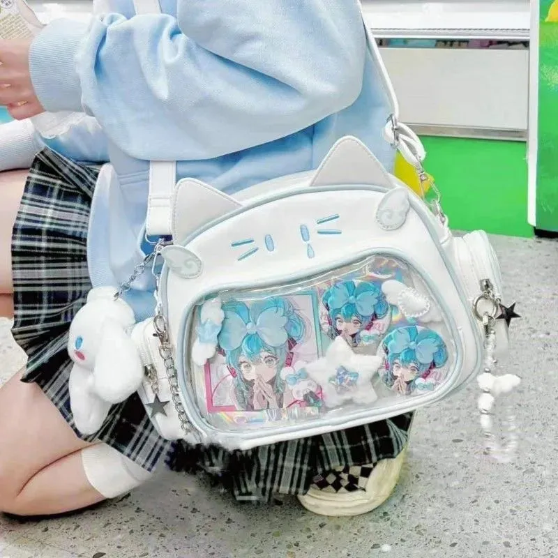 🌟 Adorable Y2K Cat Ita Bag 🐾 Cute PU Crossbody with Transparent Pocket! 👜 Perfect for Girls! 🌈