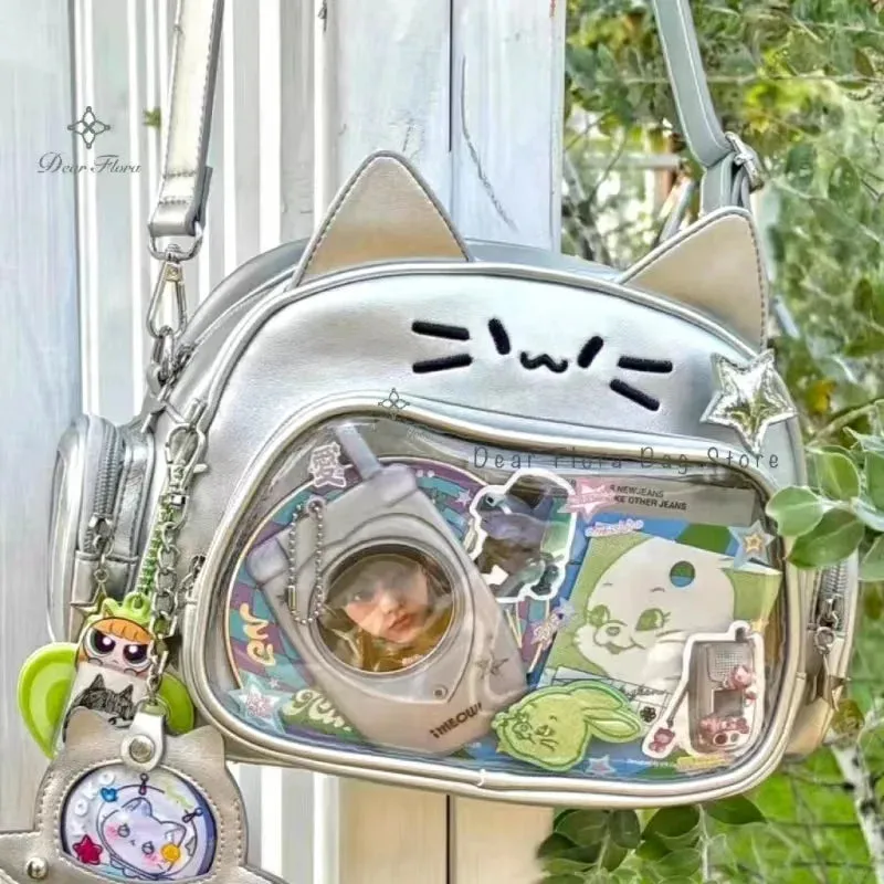 🌟 Adorable Y2K Cat Ita Bag 🐾 Cute PU Crossbody with Transparent Pocket! 👜 Perfect for Girls! 🌈