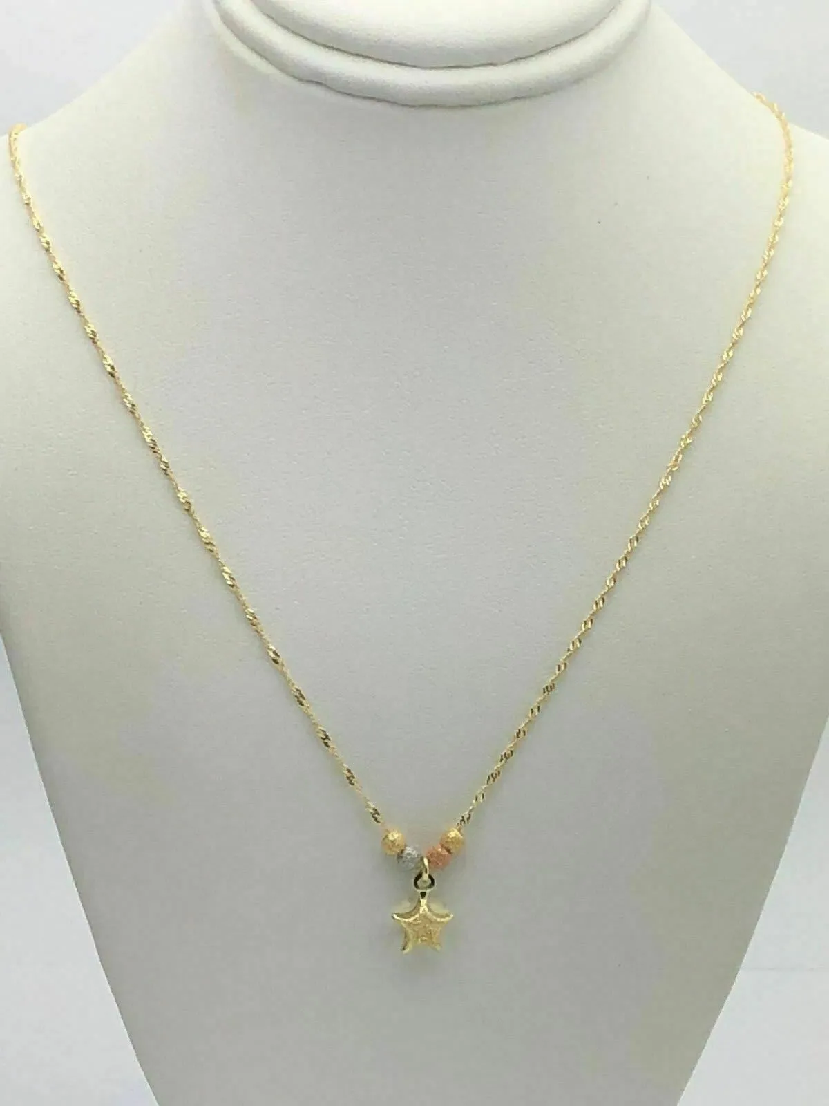 14k Tri Color Gold Ball Beads & Star Charm Pendant with 17" Singapore Necklace