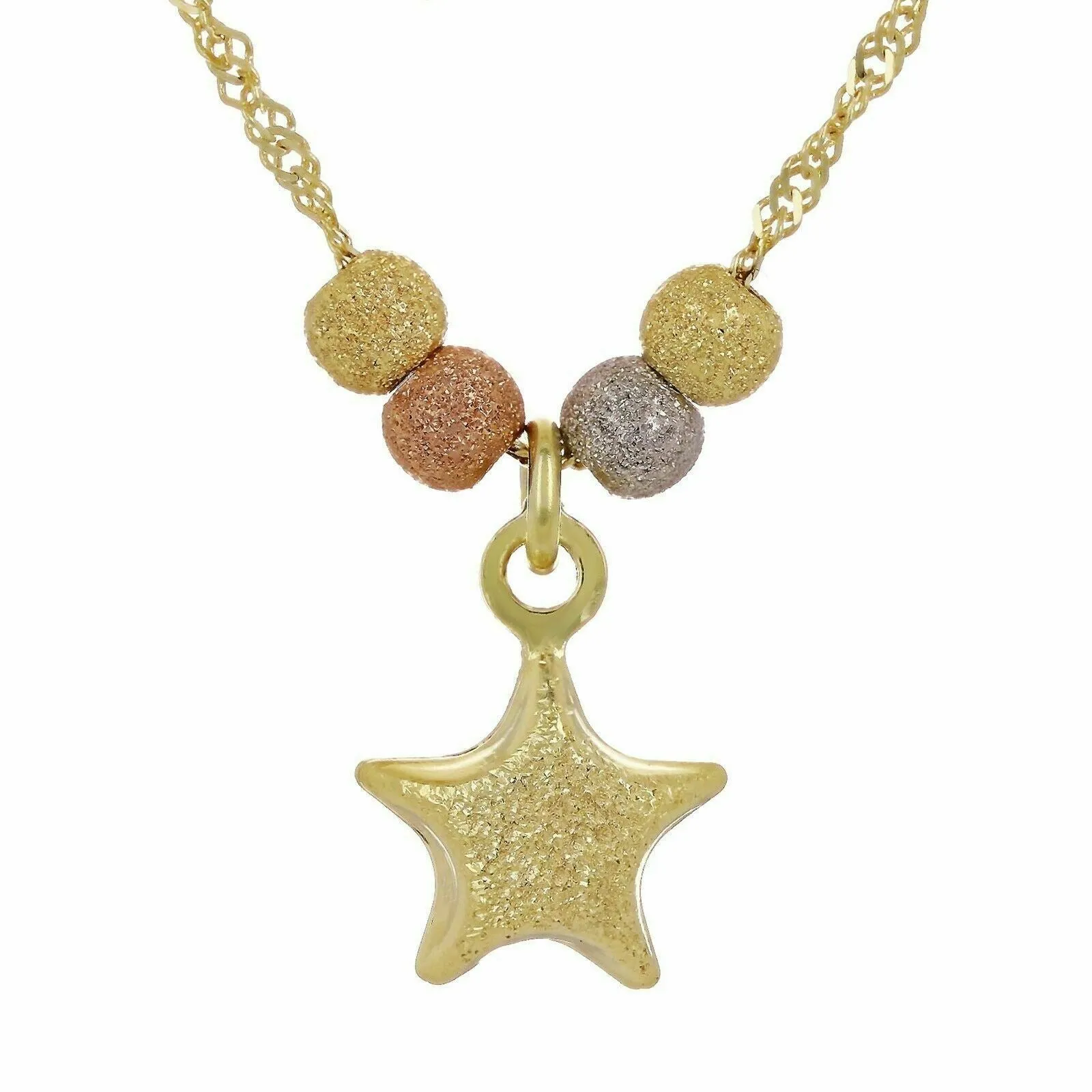 14k Tri Color Gold Ball Beads & Star Charm Pendant with 17" Singapore Necklace