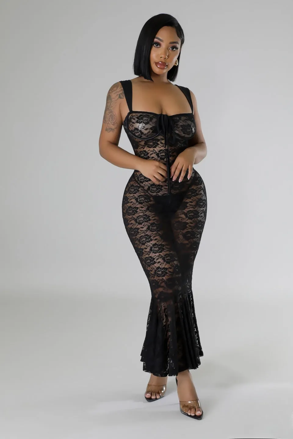 27571P - WIDE STRAP SHOULDER LACE DRESS