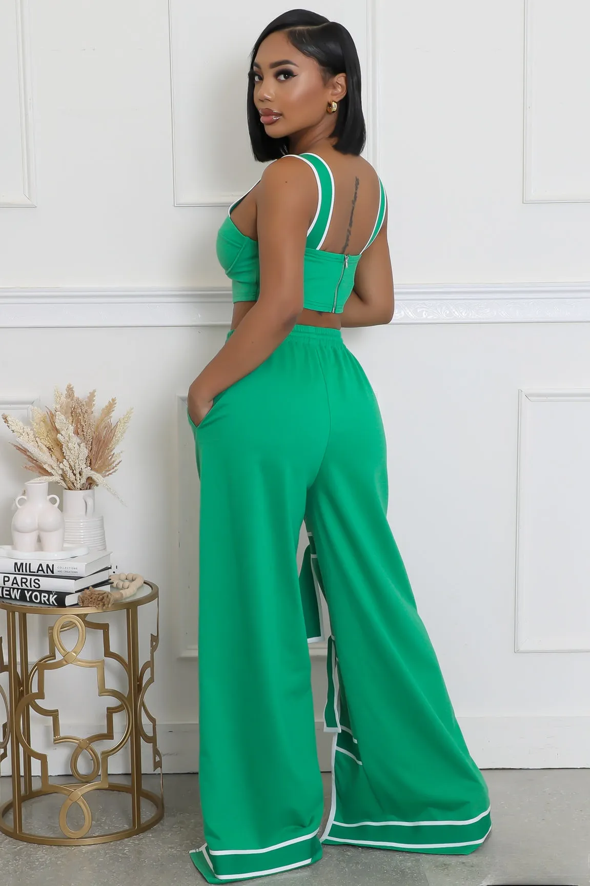 28274P - STRAP SHOULDER CROP TOP & PANTS SET