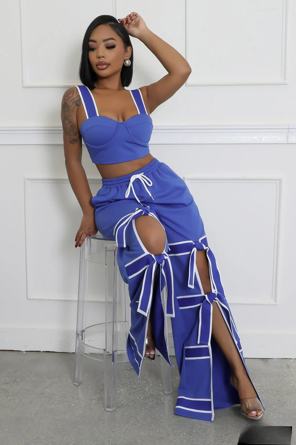 28274P - STRAP SHOULDER CROP TOP & PANTS SET