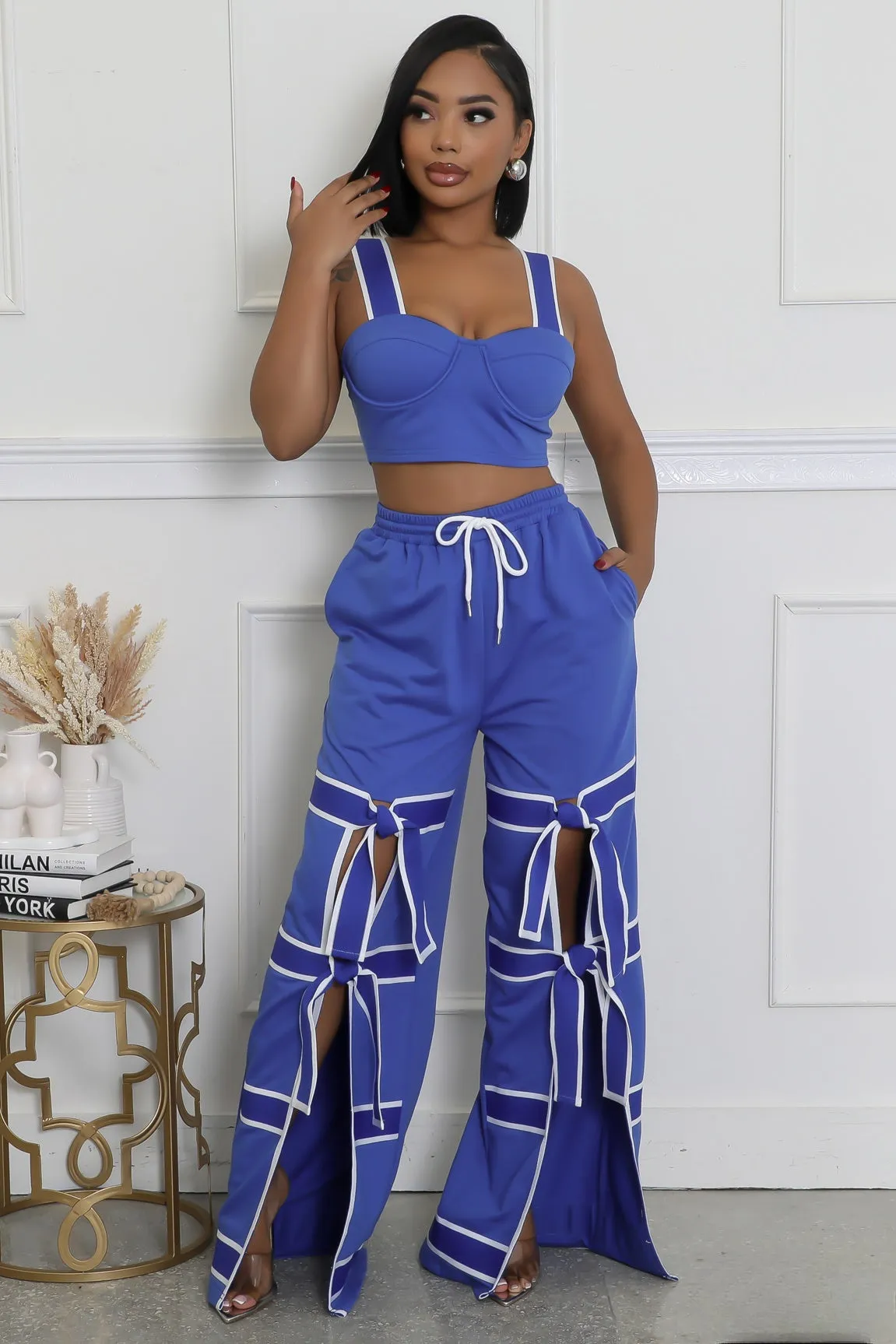 28274P - STRAP SHOULDER CROP TOP & PANTS SET