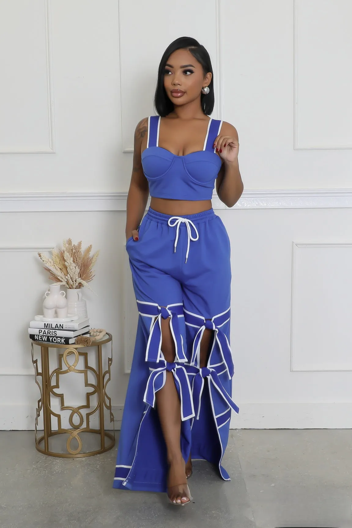 28274P - STRAP SHOULDER CROP TOP & PANTS SET