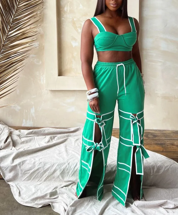 28274P - STRAP SHOULDER CROP TOP & PANTS SET