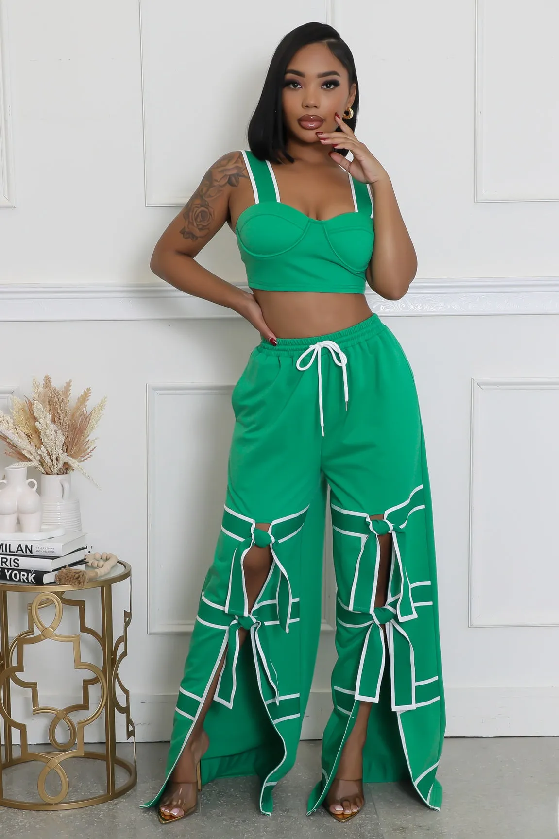 28274P - STRAP SHOULDER CROP TOP & PANTS SET