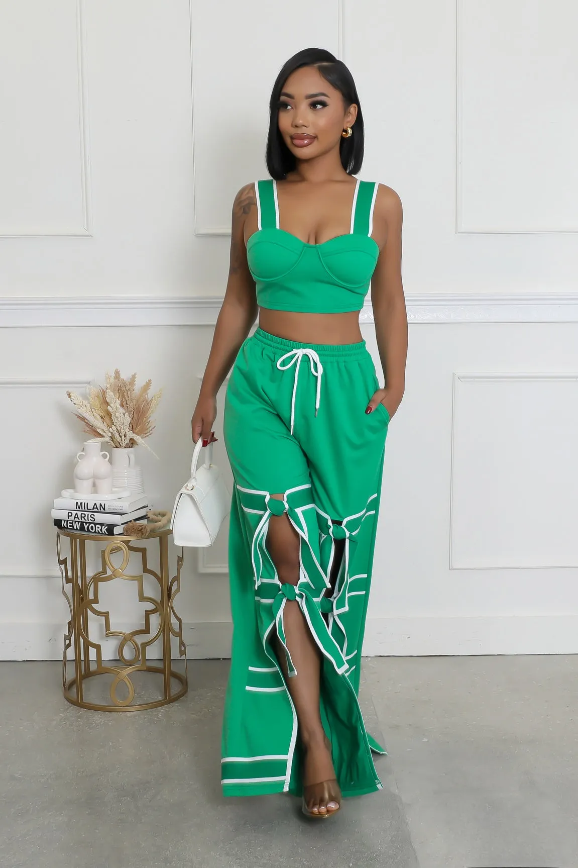 28274P - STRAP SHOULDER CROP TOP & PANTS SET