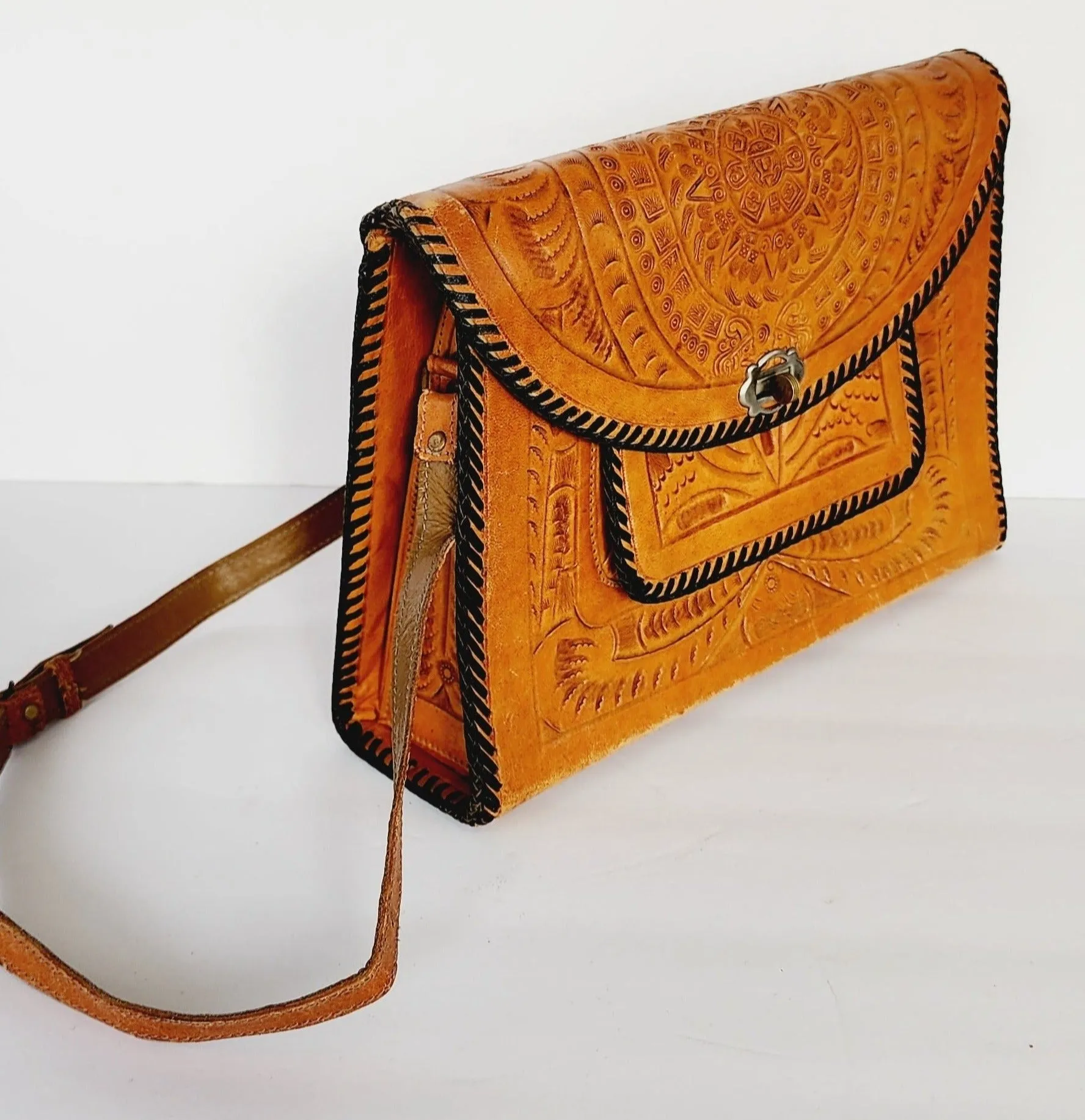 70s Tooled Leather Shoulder Bag Mexican Aztec Motif by National Bags