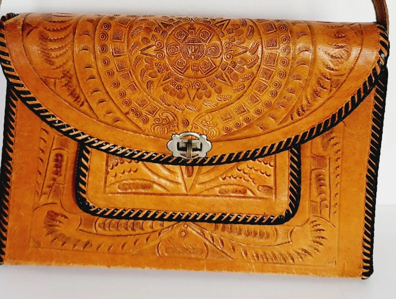 70s Tooled Leather Shoulder Bag Mexican Aztec Motif by National Bags