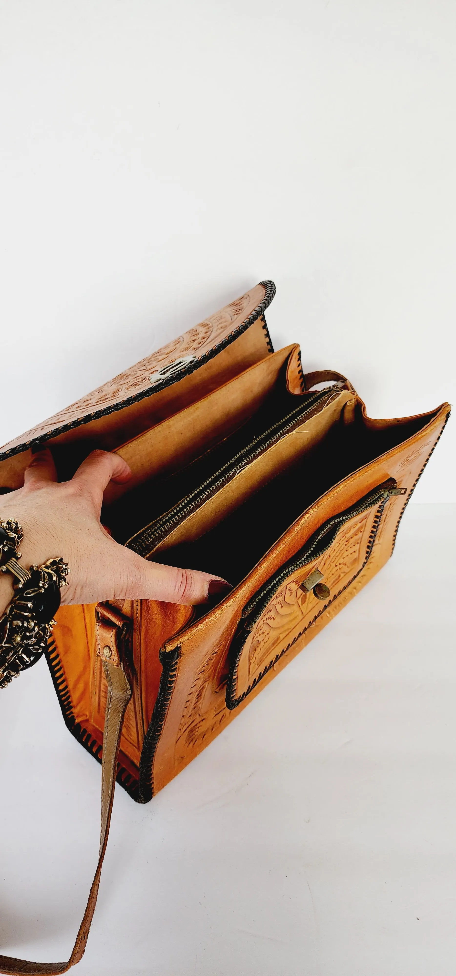 70s Tooled Leather Shoulder Bag Mexican Aztec Motif by National Bags