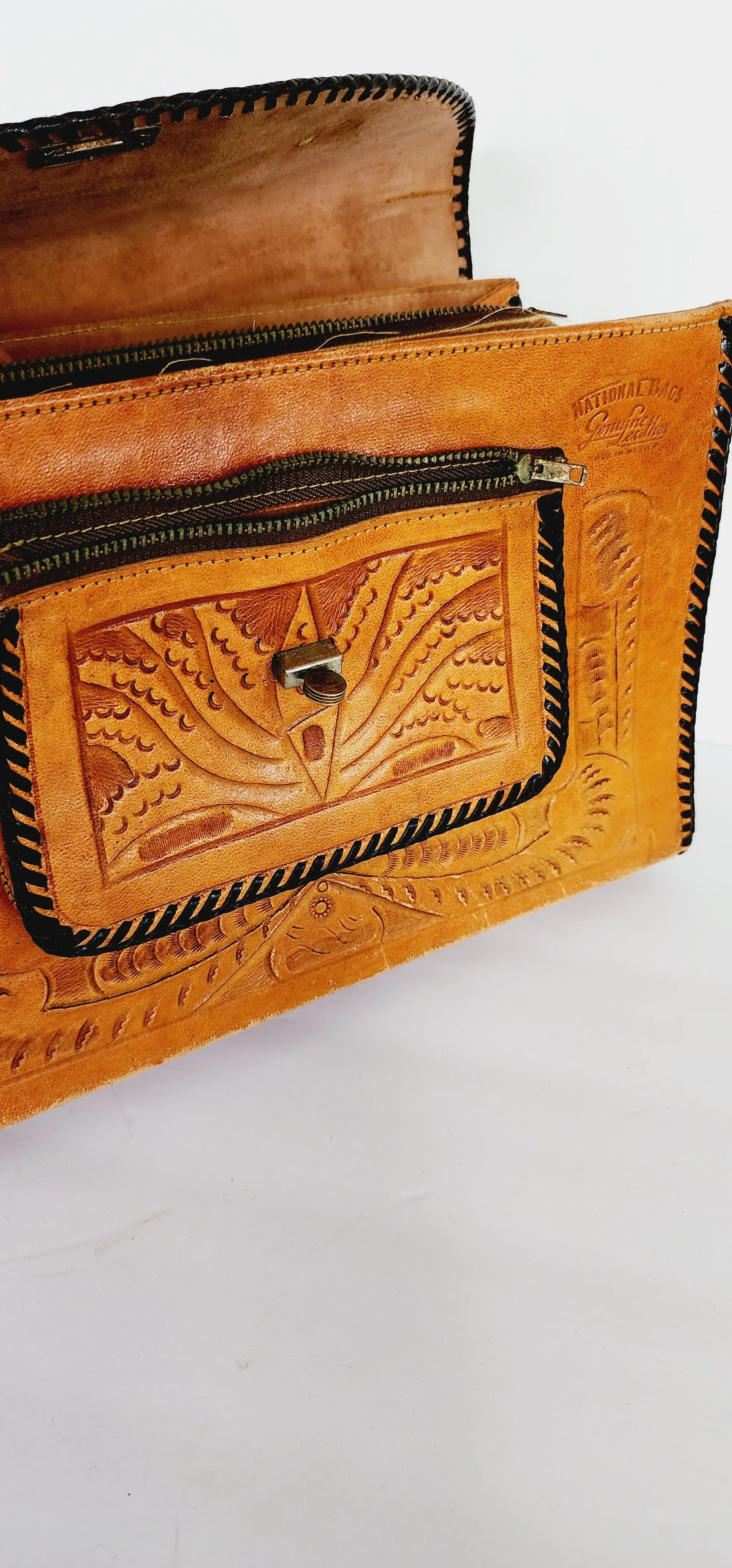 70s Tooled Leather Shoulder Bag Mexican Aztec Motif by National Bags