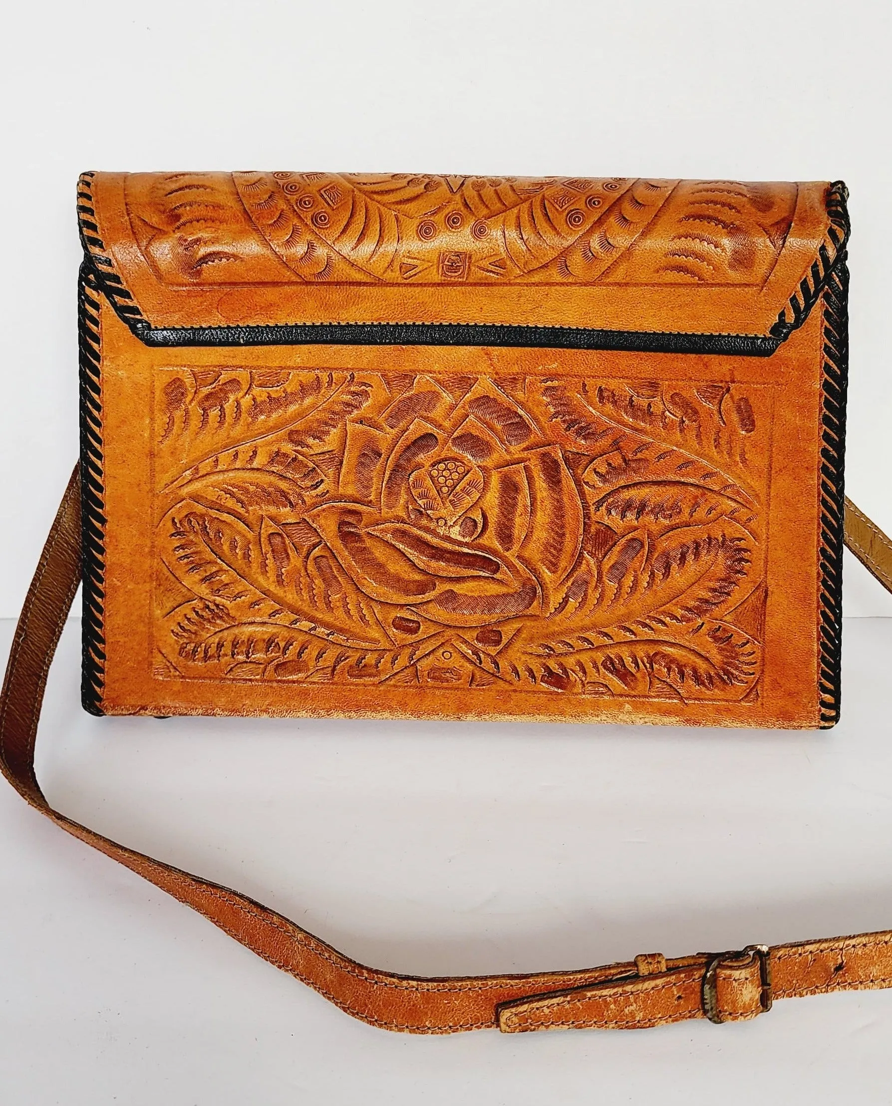 70s Tooled Leather Shoulder Bag Mexican Aztec Motif by National Bags