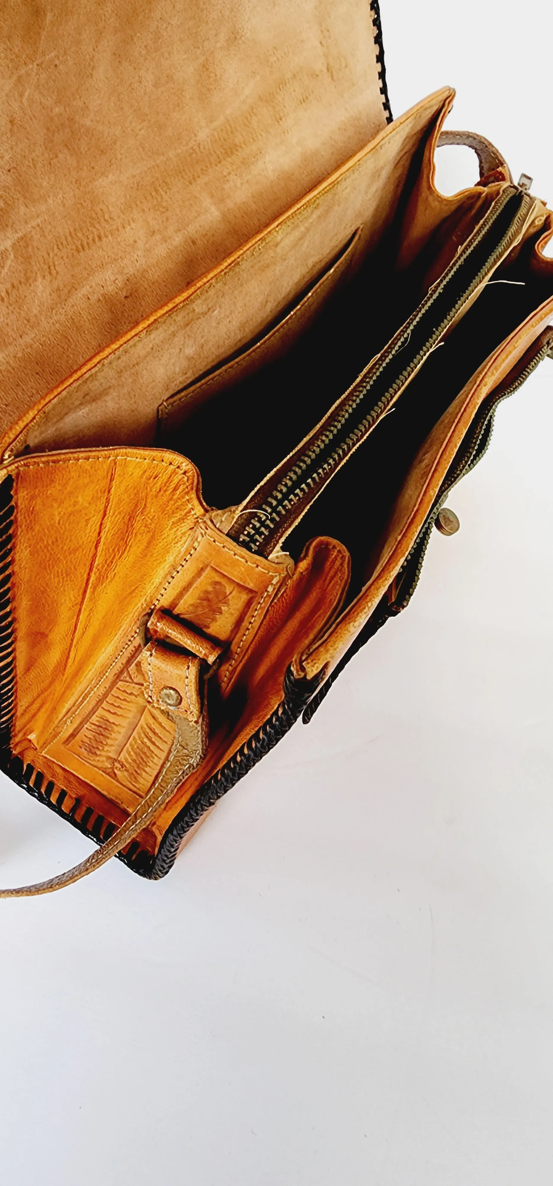70s Tooled Leather Shoulder Bag Mexican Aztec Motif by National Bags