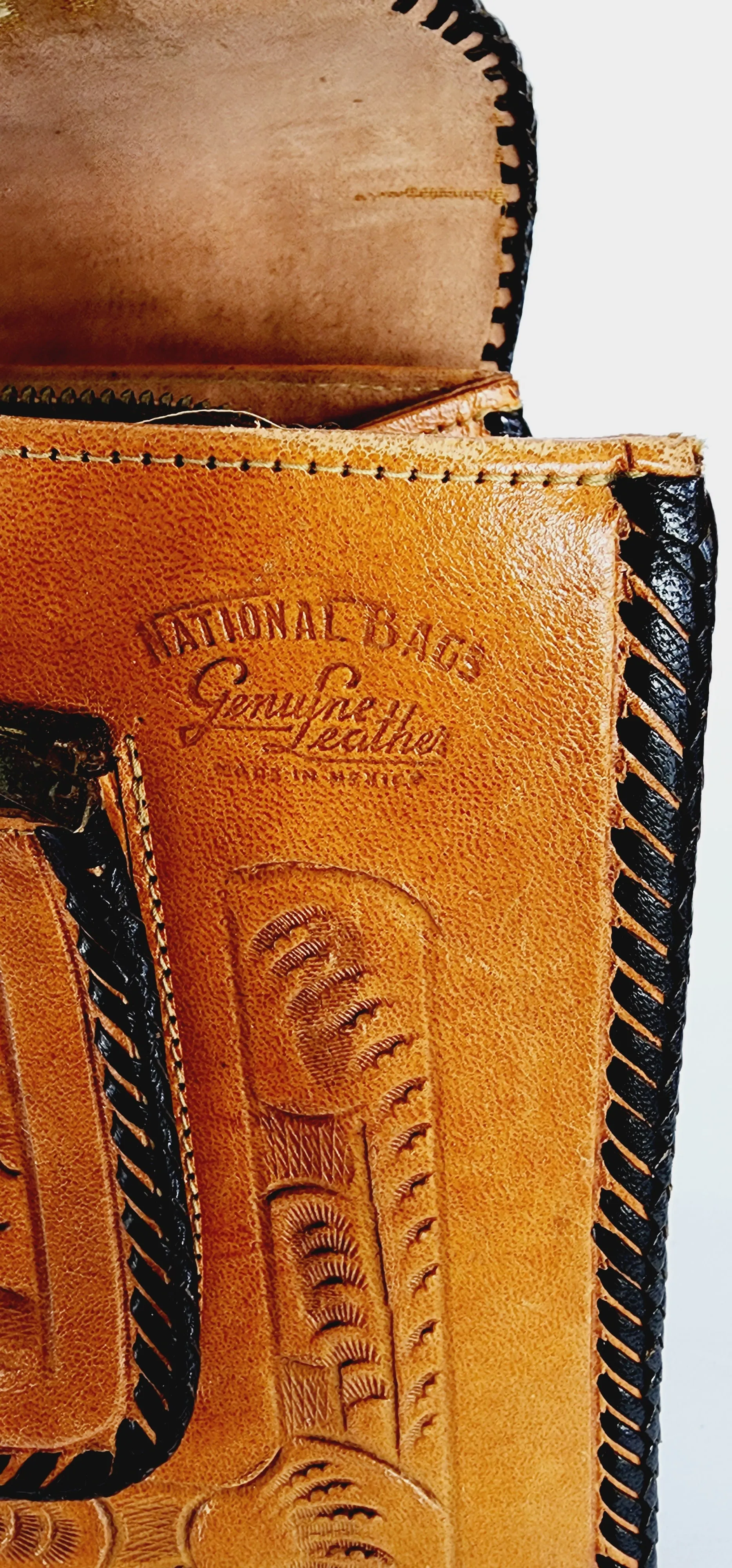 70s Tooled Leather Shoulder Bag Mexican Aztec Motif by National Bags