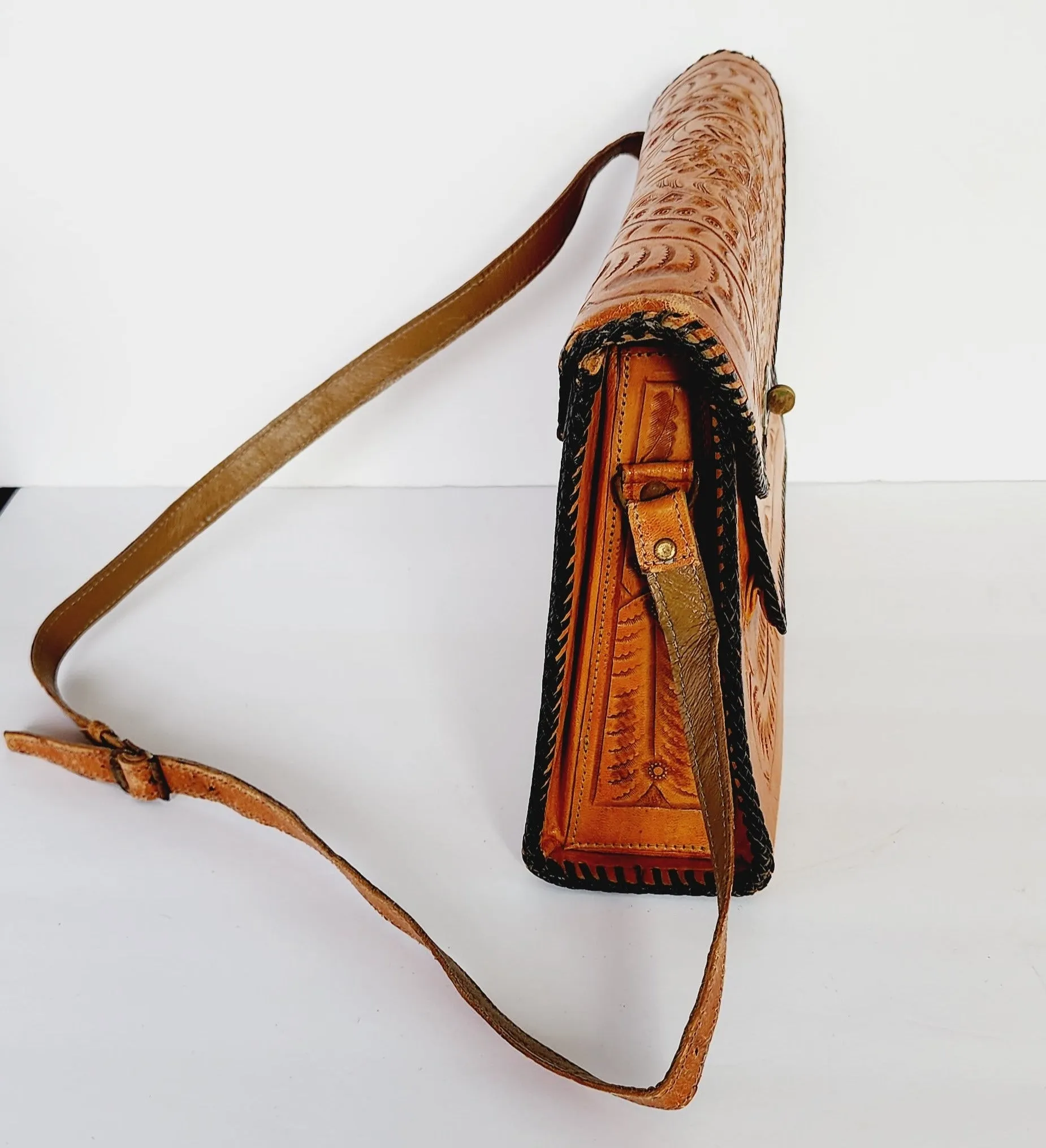 70s Tooled Leather Shoulder Bag Mexican Aztec Motif by National Bags