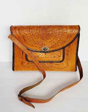 70s Tooled Leather Shoulder Bag Mexican Aztec Motif by National Bags