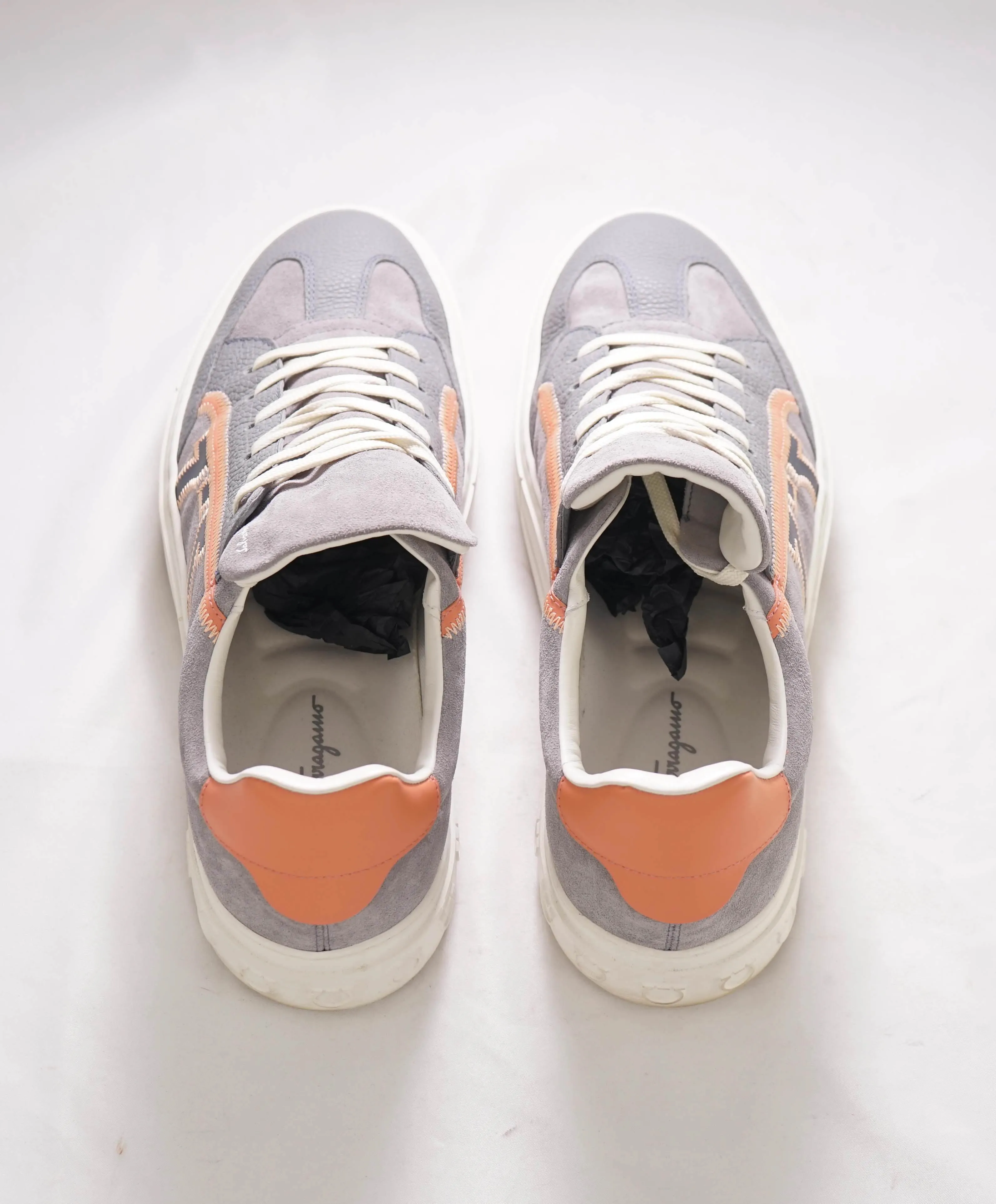 $750 SALVATORE FERRAGAMO - *BORG 5* Gray/Salmon Gancini Sneaker - 10 M US