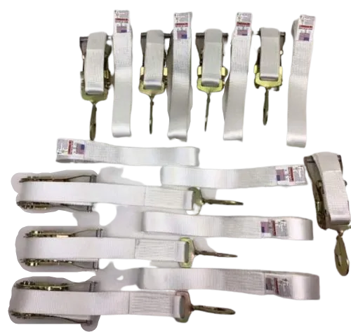(8) 1.5" x 14' White Tent Straps w/ Loops & Twisted Snap Hook Ratchet Handles