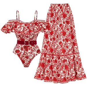 84Volt Removable Shoulder Strap Retro Printed Swimsuit Set - As shown / S