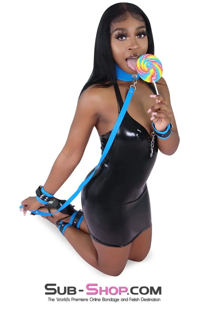 8985MQ      Tantric Blue Bondage Wrist Cuffs with Removable Connection Chain
