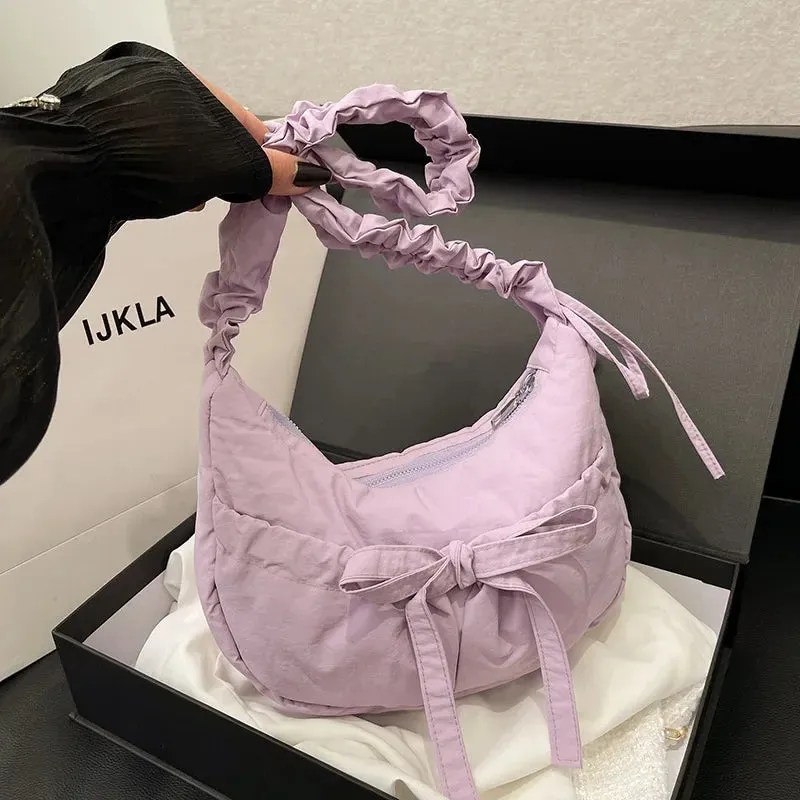 ✨Adorable Pleated Bow Hobo Bag 🎀 - Trendy Nylon Crossbody for Chic Girls! 🌟