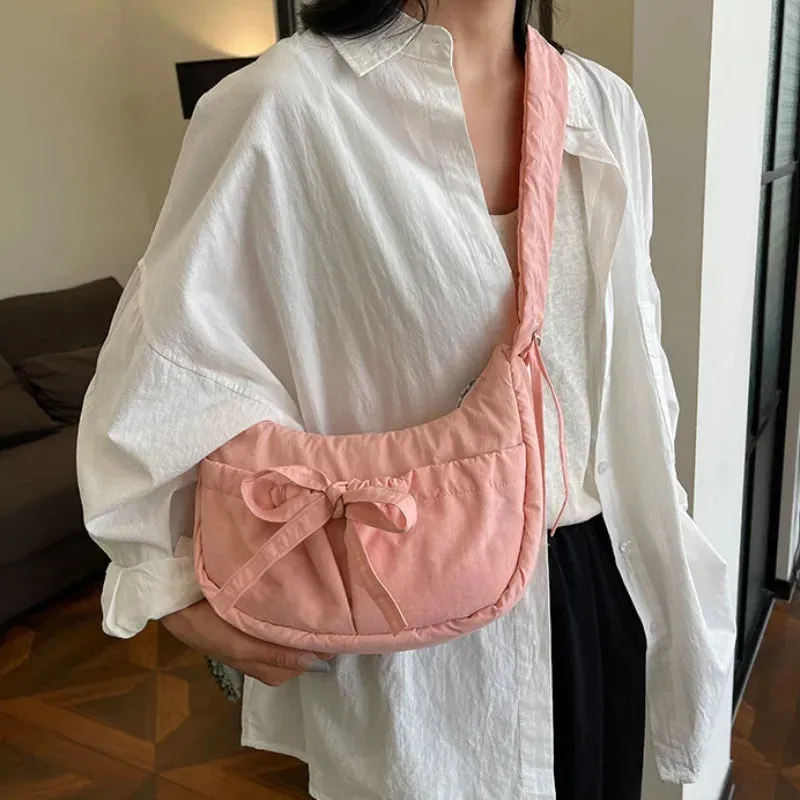 ✨Adorable Pleated Bow Hobo Bag 🎀 - Trendy Nylon Crossbody for Chic Girls! 🌟