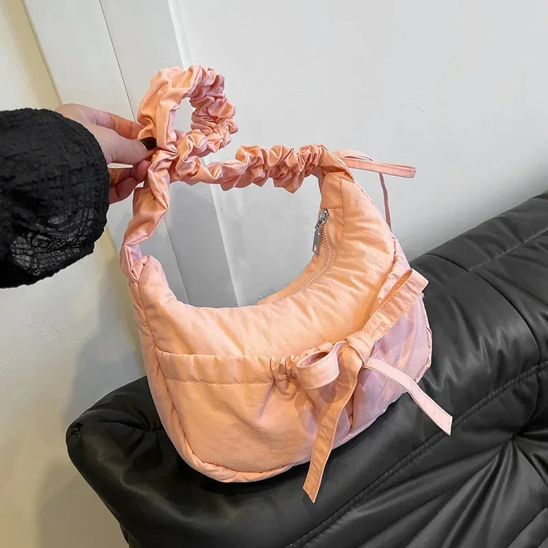 ✨Adorable Pleated Bow Hobo Bag 🎀 - Trendy Nylon Crossbody for Chic Girls! 🌟