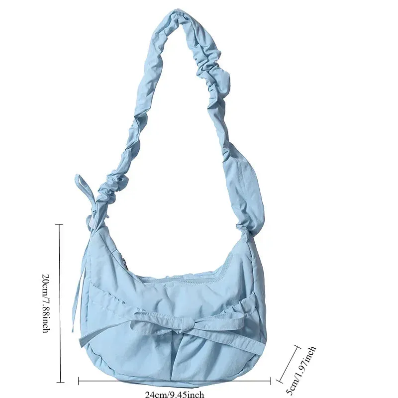 ✨Adorable Pleated Bow Hobo Bag 🎀 - Trendy Nylon Crossbody for Chic Girls! 🌟