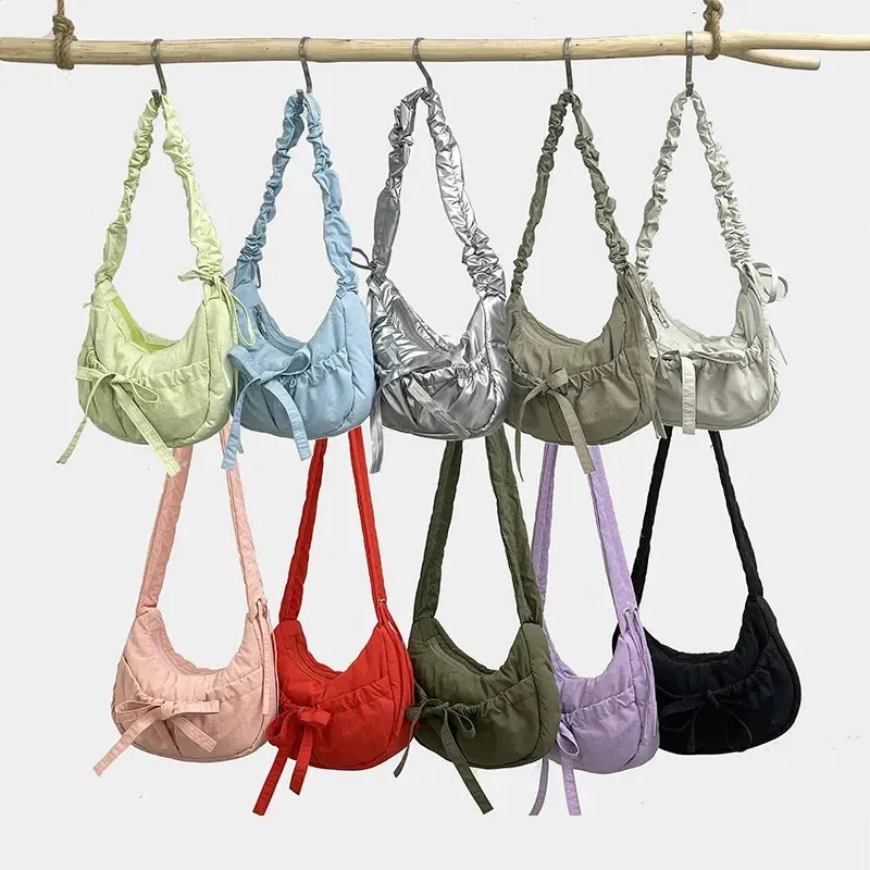 ✨Adorable Pleated Bow Hobo Bag 🎀 - Trendy Nylon Crossbody for Chic Girls! 🌟