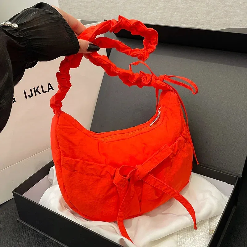 ✨Adorable Pleated Bow Hobo Bag 🎀 - Trendy Nylon Crossbody for Chic Girls! 🌟