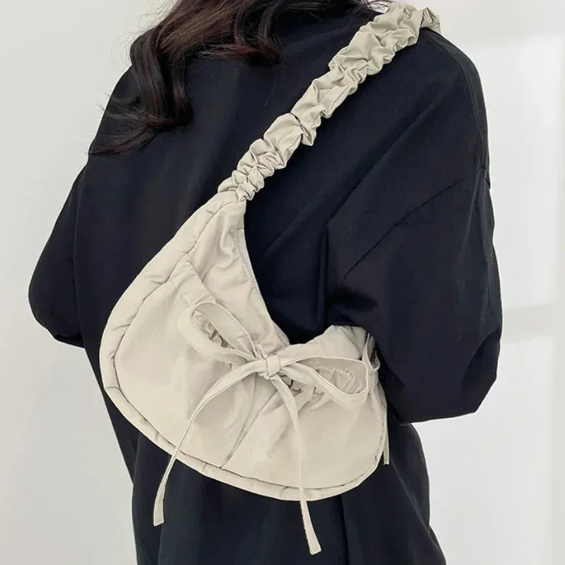 ✨Adorable Pleated Bow Hobo Bag 🎀 - Trendy Nylon Crossbody for Chic Girls! 🌟