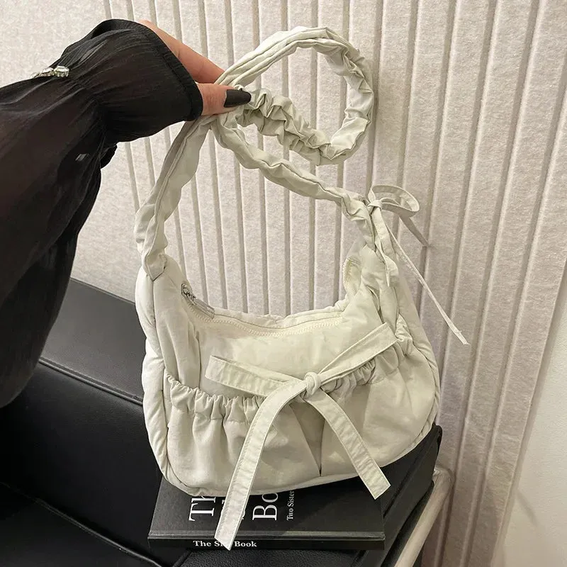 ✨Adorable Pleated Bow Hobo Bag 🎀 - Trendy Nylon Crossbody for Chic Girls! 🌟