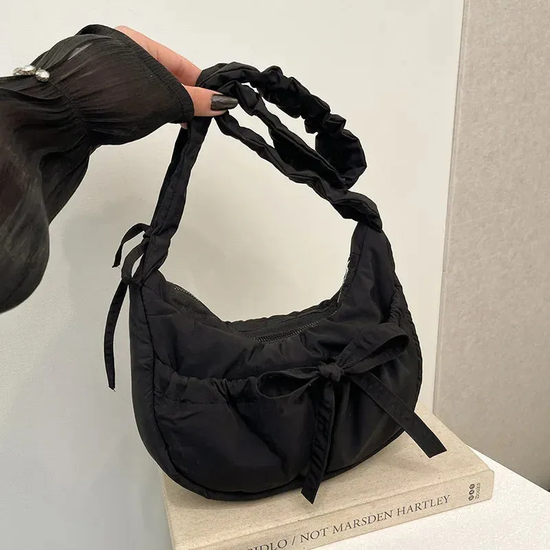 ✨Adorable Pleated Bow Hobo Bag 🎀 - Trendy Nylon Crossbody for Chic Girls! 🌟