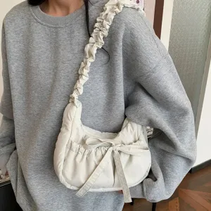 ✨Adorable Pleated Bow Hobo Bag 🎀 - Trendy Nylon Crossbody for Chic Girls! 🌟
