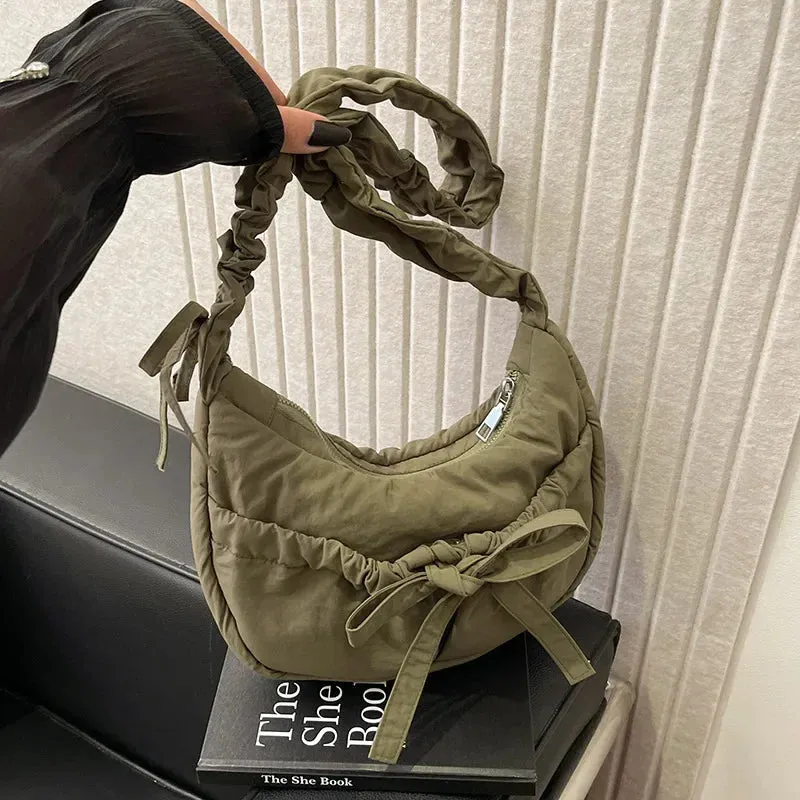 ✨Adorable Pleated Bow Hobo Bag 🎀 - Trendy Nylon Crossbody for Chic Girls! 🌟