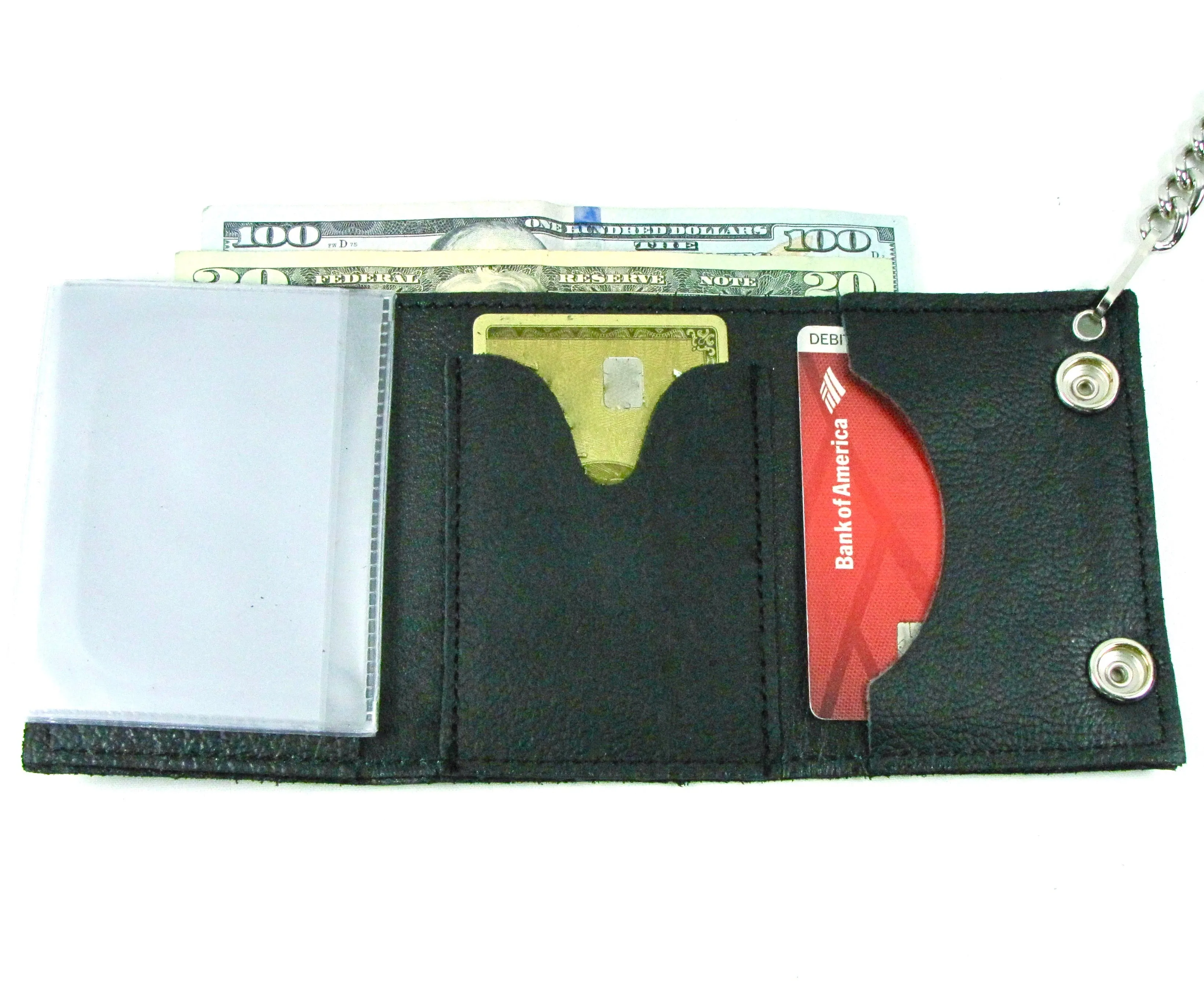 AT304-XL1  Antique Finish Tri-Fold Wallet w/ Chain- Barbed Wire