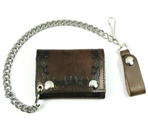 AT304-XL1  Antique Finish Tri-Fold Wallet w/ Chain- Barbed Wire