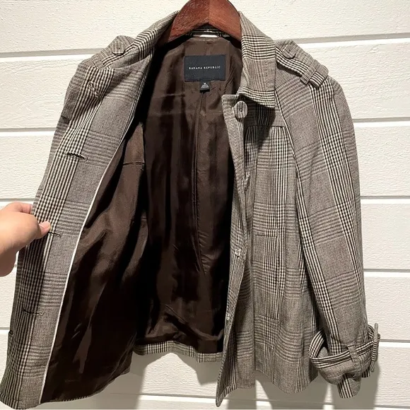 Banana Republic Short Plaid 4 Button Swing Jacket Pea Coat Wool Blend Lined Sz M