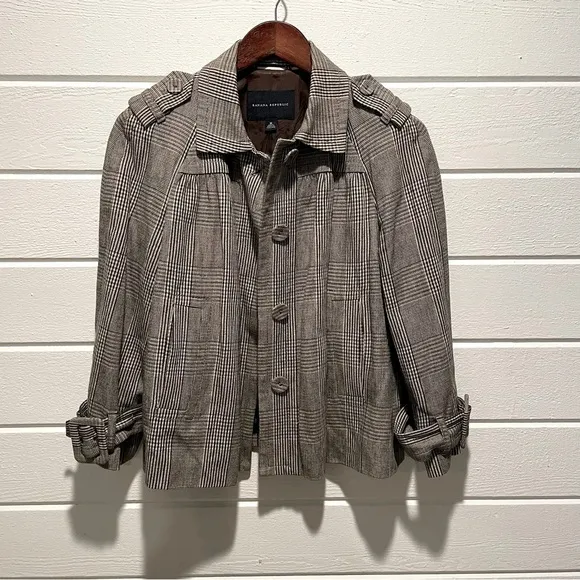 Banana Republic Short Plaid 4 Button Swing Jacket Pea Coat Wool Blend Lined Sz M