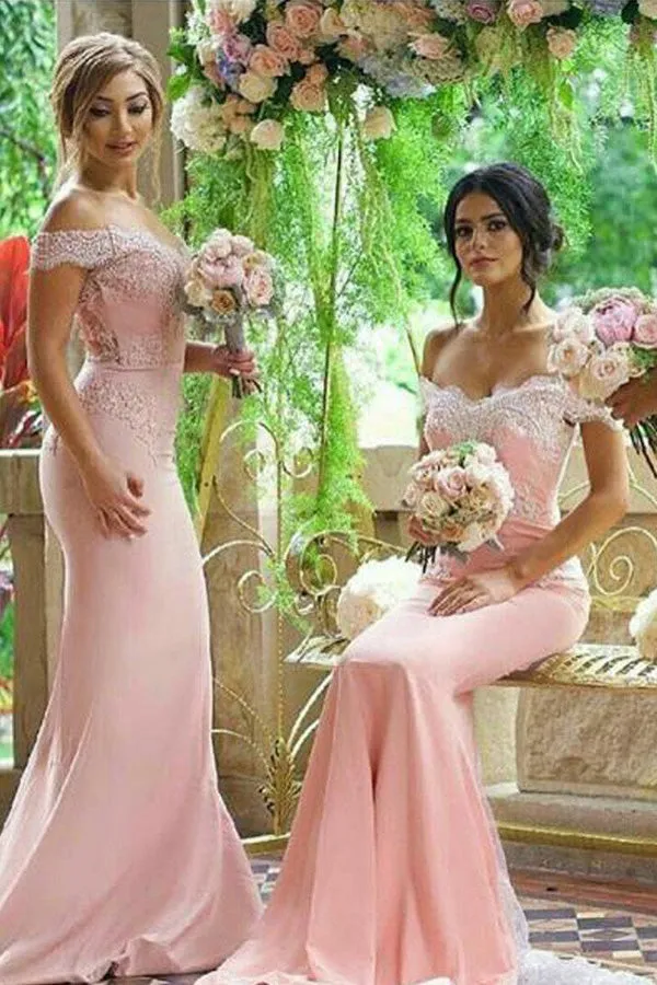 Beautiful Mermaid Pink Off Shoulder Lace Long Bridesmaid Dresses for Wedding Party,MBD116