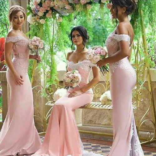 Beautiful Mermaid Pink Off Shoulder Lace Long Bridesmaid Dresses for Wedding Party,MBD116
