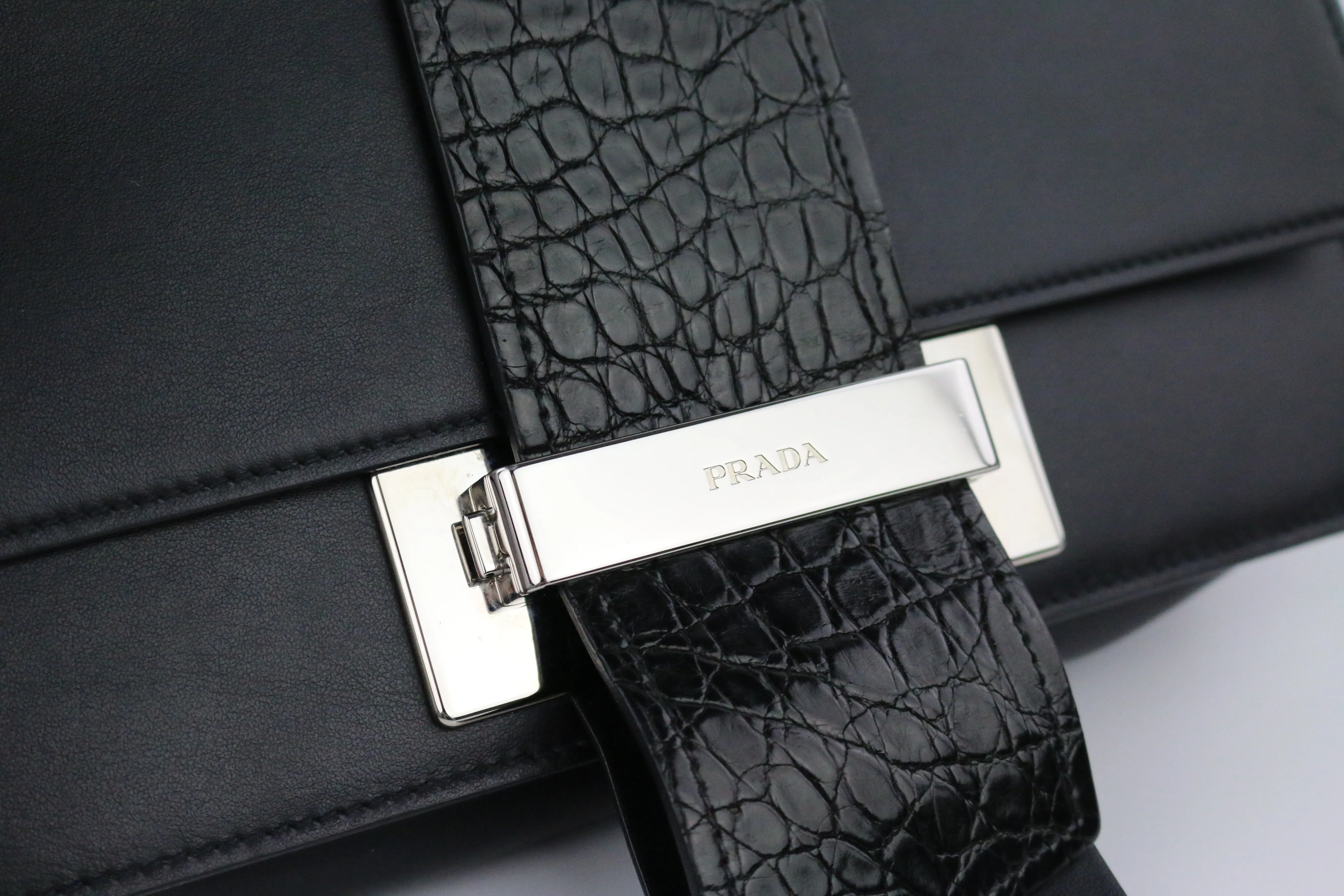 Black Calfskin/Croc Medium Ribbon Shoulder Bag