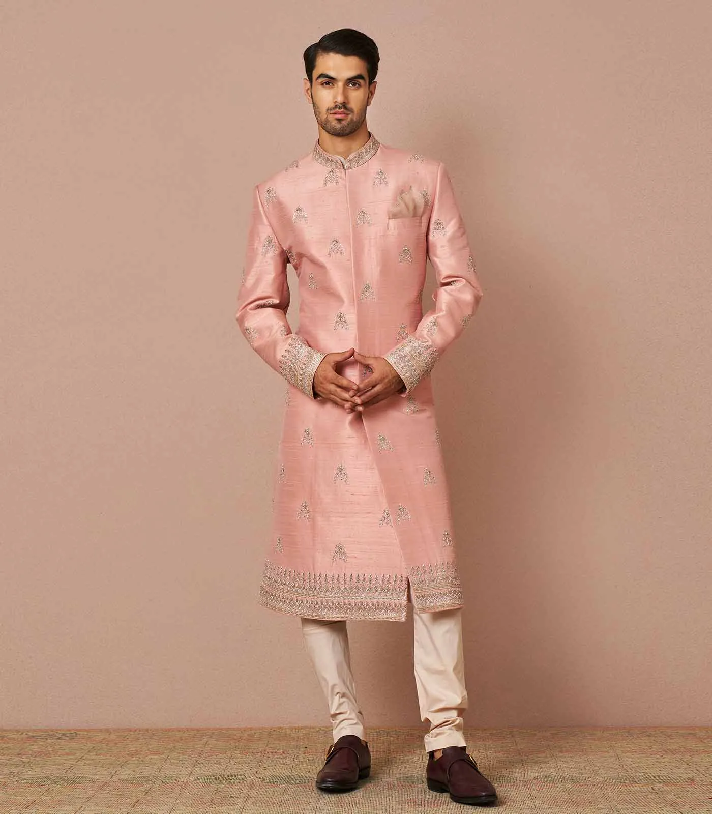 BLUSH PINK RAWSILK BUTTI EMBROIDERED SHERWANI SET