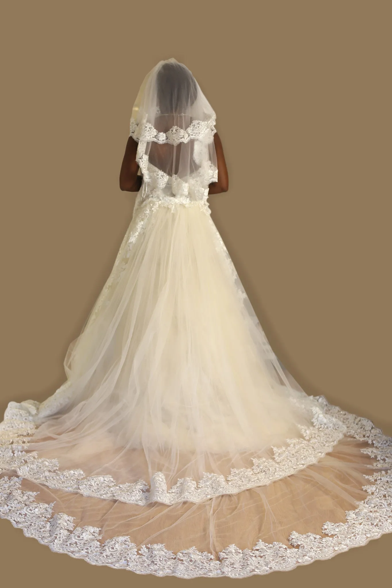 Bridal Detachable Cathedral Train With Two Layer Lace Trim (#Angie)