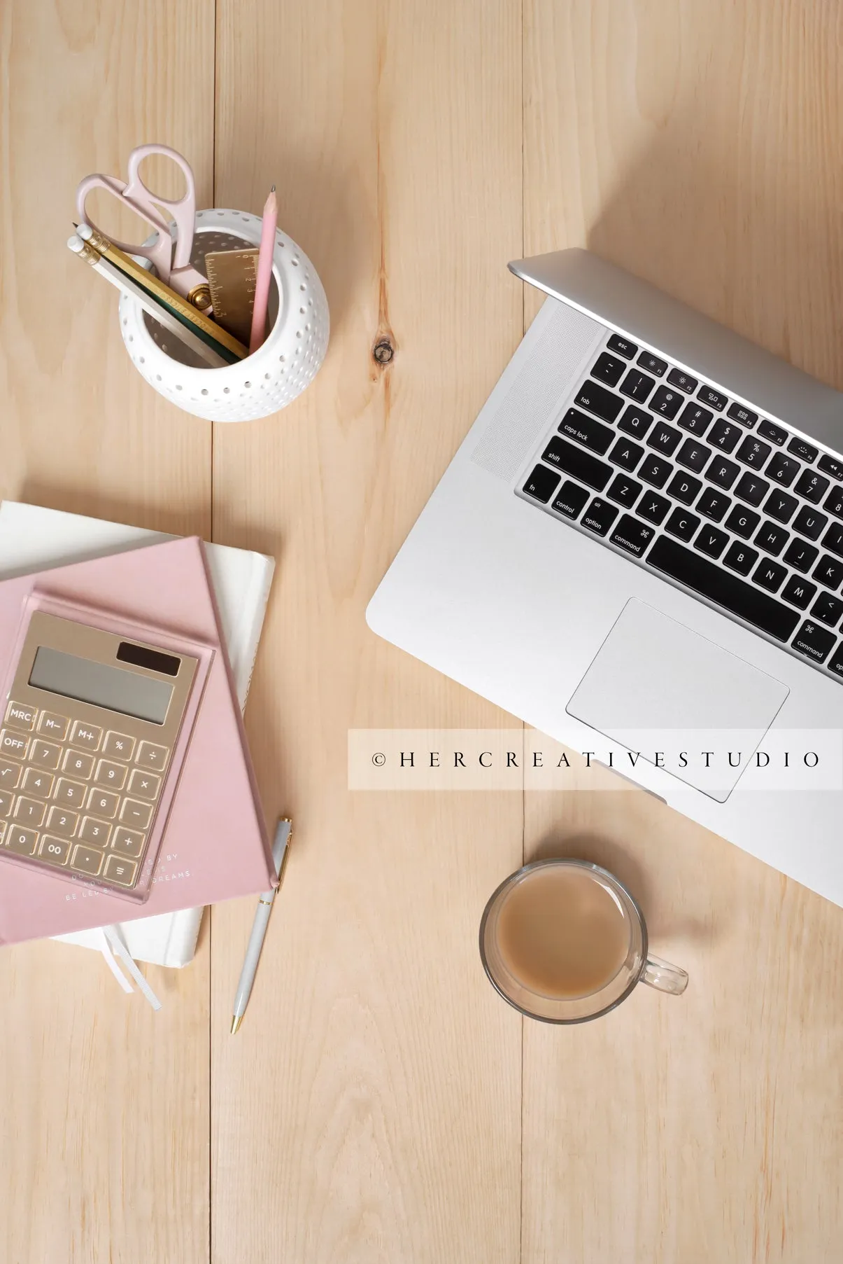 Calculator, Laptop & Coffee on Wood Floor, Styled Stock Image